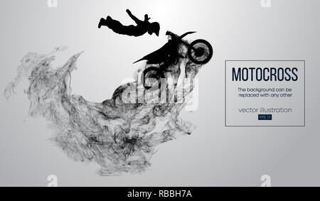 Silhouette astratta di un pilota di motocross su sfondo bianco da particelle, polvere, fumo o vapore. Il pilota di Motocross jumping ed esegue un trucco. Sfondo può essere cambiato in qualsiasi altro. Vettore Illustrazione Vettoriale