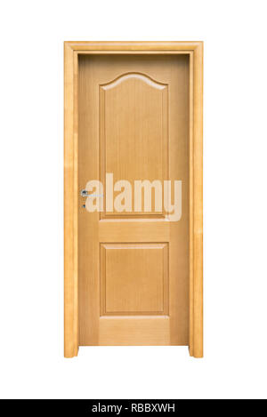 Semplice porta di legno isolato su bianco Foto Stock