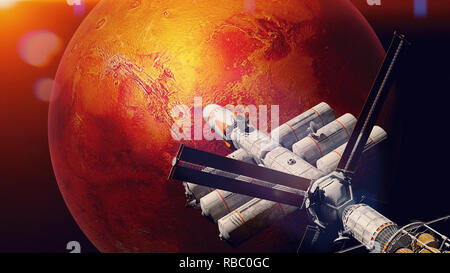 Astronave arriva in orbita attorno a Marte, la missione verso il pianeta rosso (rendering 3d, gli elementi di questa immagine sono arredate dalla NASA) Foto Stock