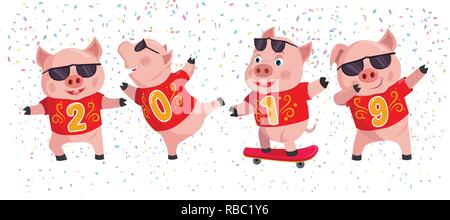 2019 anno del maiale. Carino di suini con numero di 2019 su sfondo di confetti. Felice anno nuovo vettore piatto elemento di design. Illustrazione Vettoriale