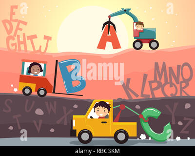 Illustrazione di Stickman Kids in Junkyard con l'Alfabeto Foto Stock