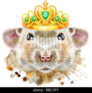 Ritratto ad acquerello di ratto con Golden crown Foto Stock