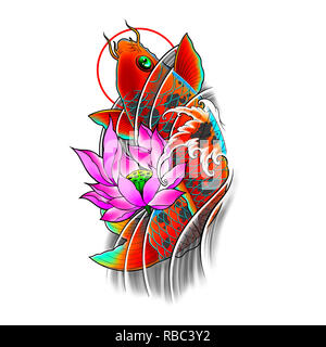 Disegnato a mano i pesci koi con fiori di loto e acqua wave tattoo design, arte digitale pittura giapponese in stile tatuaggio tatuaggio immagine flash. Foto Stock