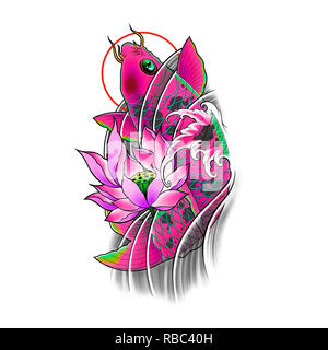 Disegnato a mano i pesci koi con fiori di loto e acqua wave tattoo design, arte digitale pittura giapponese in stile tatuaggio tatuaggio immagine flash. Foto Stock