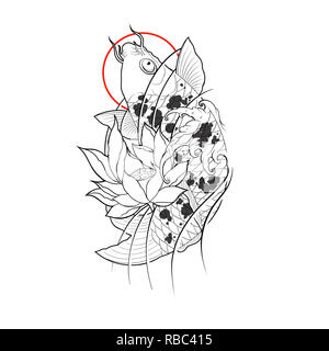 Disegnato a mano i pesci koi con fiori di loto e acqua wave tattoo design, arte digitale pittura giapponese in stile tatuaggio tatuaggio immagine flash. Foto Stock