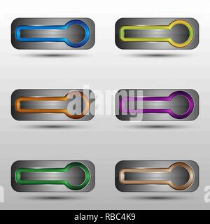 Set di bottoni metallici con una luce al neon Illustrazione Vettoriale