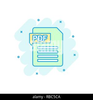 Vector cartoon PDF download icona in stile fumetto. Formato PDF illustrazione di segno pittogramma. Documento aziendale effetto splash concept. Illustrazione Vettoriale