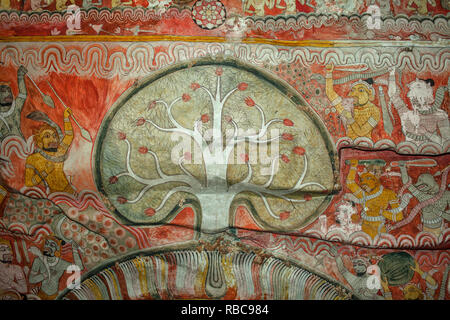 Dipinti di demoni vicino all'albero della sapienza all'interno di Dambulla tempio nella grotta complesso in Sri Lanka Foto Stock