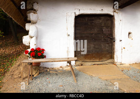 La facciata di un edificio nella cosiddetta riga di cantine open-air museum di CAK, Ungheria. Piccola casa per la spremitura di uva e la conservazione dei frutti, e Foto Stock