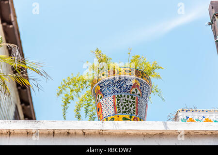 Primo piano di colorate arancio e blu vivace piastrellati in ceramica modello spagnolo vaso vaso con pianta verde sulla ringhiera del tetto parete recinto della costruzione di casa Foto Stock