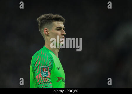 8 gennaio 2019, Wembley, Londra, Inghilterra; Carabao Coppa EFL, Semi-Final, Tottenham vs Chelsea ; Kepa Arrizabalaga (01) del Chelsea durante il gioco Credito: Mark Cosgrove/News immagini English Football League immagini sono soggette a licenza DataCo Foto Stock