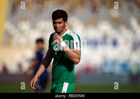 9 gennaio 2019 : Zafar Babajanow del Turkmenistan durante il Giappone v Turkmenistan presso l'Al-Nahyan Stadium di Abu Dhabi, Emirati arabi uniti, AFC Asian Cup, Asian campionato di calcio. Ulrik Pedersen/CSM. Foto Stock