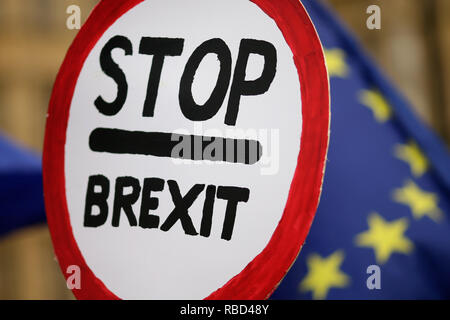 (190109) -- London, gen. 9, 2019 (Xinhua) -- Anti-Brexit dimostranti tenere cartelli e bandiere d'onda al di fuori della sede del parlamento di Londra, Gran Bretagna, il 9 gennaio. 2019. La Gran Bretagna è Brexit dibattito alla Camera dei comuni sulla proposta di accordo sui termini del Regno Unito il ritiro e il futuro delle relazioni con l'UE ha iniziato Mercoledì davanti ad un voto previsto per gennaio. 15. (Xinhua/Tim Irlanda) Foto Stock