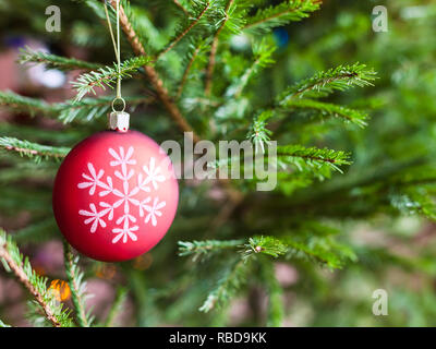 Sfera rossa con schema a fiocco di neve vicino a ramoscelli di vivere albero di Natale indoor Foto Stock