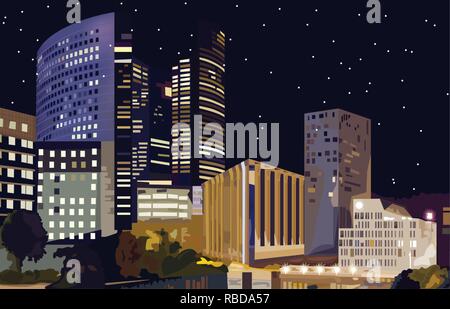 Centro business al vettore di notte. Centro affari della Defense a Parigi Francia. Bellissimi edifici illuminati di notte Illustrazione Vettoriale