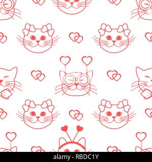 Seamless pattern con il muso di gatti in maschere di carnevale, bicchieri, tie, archi, lacci e cuori. Biglietto di auguri buon San Valentino. Backgr romantica Illustrazione Vettoriale