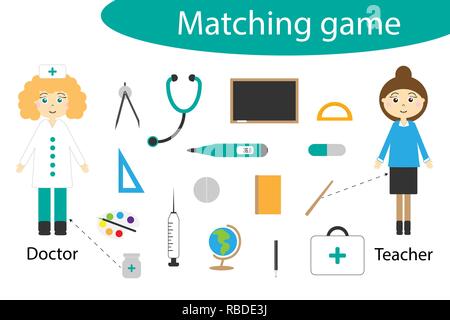 Professione matching game per bambini, collegare le cose con bisogno di professione, foglio di lavoro in età prescolare attività per bambini attività per lo sviluppo del pensiero logico, illustrazione vettoriale Illustrazione Vettoriale