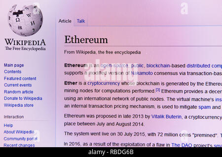 Sito web di Wikipedia articolo per il Ethereum cryptocurrency Foto Stock
