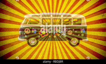 Vecchio hippie Volkswagen camper sullo sfondo rétro Foto Stock