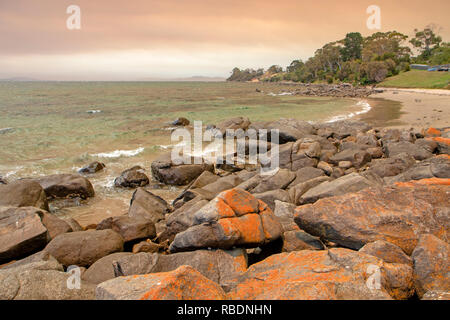 Il fumo di una bushfire copre il cielo al di sopra di una spiaggia di Hobart Foto Stock