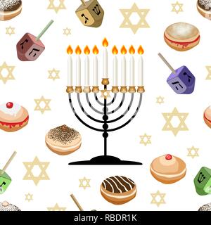Modello senza cuciture con simboli tradizionali di Hanukkah. Festa ebraica Hanukkah design con sufganiyot ,dreidel, menorah, bunting, monete isolati su Illustrazione Vettoriale