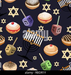 Modello senza cuciture con simboli tradizionali di Hanukkah. Festa ebraica Hanukkah design con sufganiyot ,dreidel, menorah, bunting, monete isolati su Illustrazione Vettoriale
