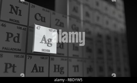 Tavola periodica concetto con cubetti. argento elemento selezionato. 3d illustrazione Foto Stock