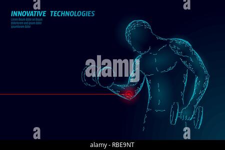 L'uomo della formazione con il manubrio infortunio al gomito. Red area dolorosa poligonale di medicina dello sport concetto astratto. Bodybuilding forte dolore male problema fitness. Healthcare sportivo illustrazione vettoriale Illustrazione Vettoriale