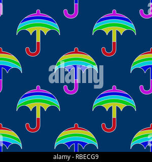 Seamless ombrello arcobaleno pattern su sfondo blu Foto Stock