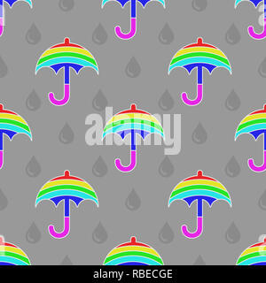 Seamless ombrello multicolore pattern con gocce di pioggia Foto Stock