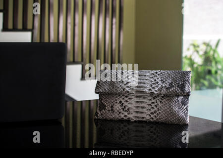 Computer con borsetta. Shopping e business concetto. Vista superiore, pelle snakeskin python bag, stretto Luogo di stile del testo o del logo. Foto Stock