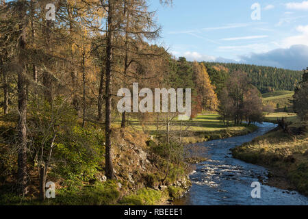 Il Fiume Don fluisce attraverso terreni agricoli in Strathdon, vicino Bellabeg Foto Stock