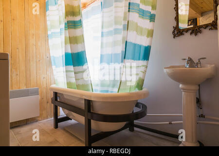 Stanza da bagno separata con vasca da bagno e lavandino a colonna all'interno di un rustico di 11,5 x 32 piedi aprire concept design mini house Foto Stock