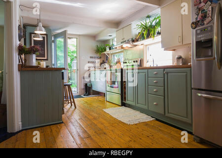 Cucina Camera con verniciato di verde armadi in legno e antica pineta piano all'interno di un vecchio 1862 cottage in stile home Foto Stock