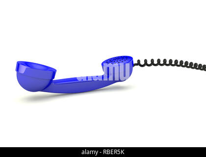 Telefono blu con filo nero. Bianco sfondo isolato. 3D render Foto Stock