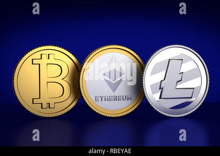 Crypto valute: 3D Rendering di un bitcoin, Ethereum e sostituto Litecoin moneta contro sfondo blu scuro Foto Stock