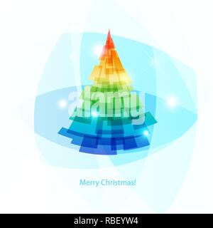 Luminoso albero di Natale sul fondo azzurro, biglietto di auguri Illustrazione Vettoriale