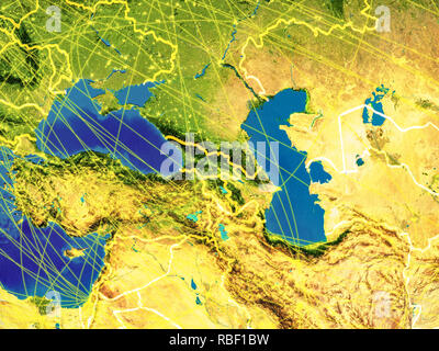 Regione del Caucaso dallo spazio sulla terra con i confini e le linee che rappresentano la comunicazione internazionale, viaggi, collegamenti. 3D'illustrazione. Ele Foto Stock