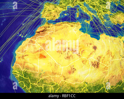 Regione del Maghreb dallo spazio sulla terra con i confini e le linee che rappresentano la comunicazione internazionale, viaggi, collegamenti. 3D'illustrazione. Elem Foto Stock