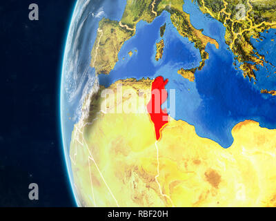 Tunisia da spazio sul modello del pianeta Terra con i confini e molto dettagliata della superficie planet e nuvole. 3D'illustrazione. Gli elementi di questa immagine Foto Stock