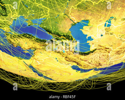 Regione del Caucaso dallo spazio sulla terra con i confini e le linee, il concetto di comunicazione, viaggi, collegamenti. 3D'illustrazione. Gli elementi di questo ho Foto Stock