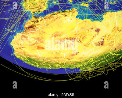 Regione del Maghreb dallo spazio sulla terra con i confini e le linee, il concetto di comunicazione, viaggi, collegamenti. 3D'illustrazione. Gli elementi di questo im Foto Stock