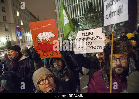 Varsavia, Mazowieckie, Polonia. Il 9 gennaio, 2019. I dimostranti sono visti tenendo cartelloni durante la protesta.Gli attivisti si erano radunati davanti al Parlamento e in tutto il paese per protestare. Il governo polacco e il Ministero dell'ambiente ha deciso che come parte della lotta contro la malattia di ASF (Peste suina africana), 210.000 cinghiali, comprese le scrofe gravide e dei suinetti svezzati, anche vivere in parchi nazionali, sarà slained in Polonia sui prossimi tre fine settimana. Credito: ZUMA Press, Inc./Alamy Live News Foto Stock