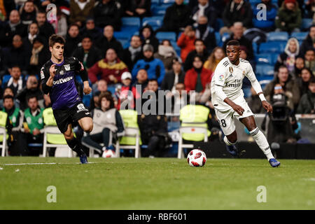 Santiago Bernabeu, Madrid, Spagna. Il 9 gennaio, 2019. La Copa del Rey calcio, round di 16, Real Madrid rispetto a Leganes; Vinicius Junior (Real Madrid) si rompe in attacco Credito: Azione Sport Plus/Alamy Live News Foto Stock