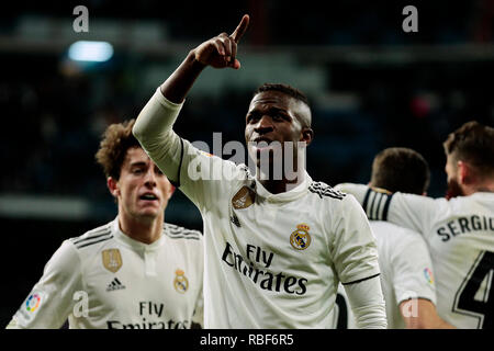 Del Real Madrid in Vinicius Jr. celebra obiettivo durante la Copa del Rey match tra il Real Madrid e il CD Leganes a Santiago Bernabeu Stadium in Madrid. Punteggio finale: Real Madrid 3 - CD Leganes 0 Foto Stock