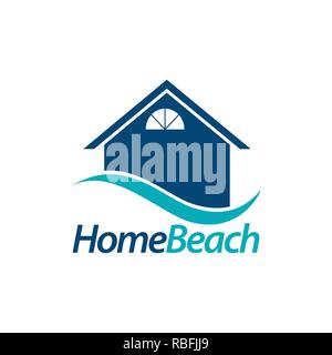 Home beach. casa icona blu con il logo a forma di onda concept design template idea Illustrazione Vettoriale