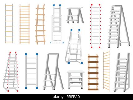 Set di scale di diversi materiali: legno e metallo. Scaletta di corda. Illustrazione Vettoriale. Illustrazione Vettoriale