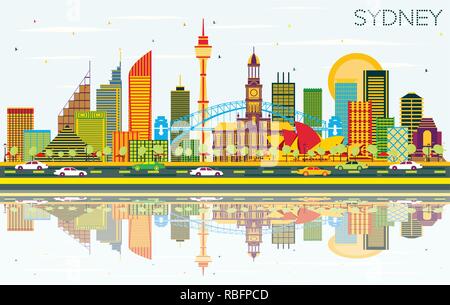 Sydney Australia dello skyline della città con edifici di colore, cielo blu e riflessi. Illustrazione Vettoriale. Illustrazione Vettoriale