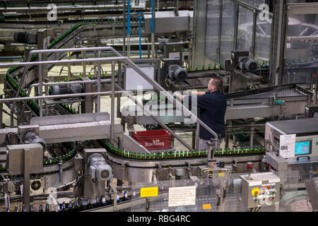 Obernai (Francia nord-orientale): Kronenbourg Brasserie,Obernai (nord-est della Francia). 2015/05/27. Linea di imbottigliamento con bottiglie di vetro entro il 'K2' sit Foto Stock