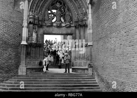 Festa di matrimonio al di fuori della cattedrale di Santa Cecilia di Albi, Francia meridionale Foto Stock